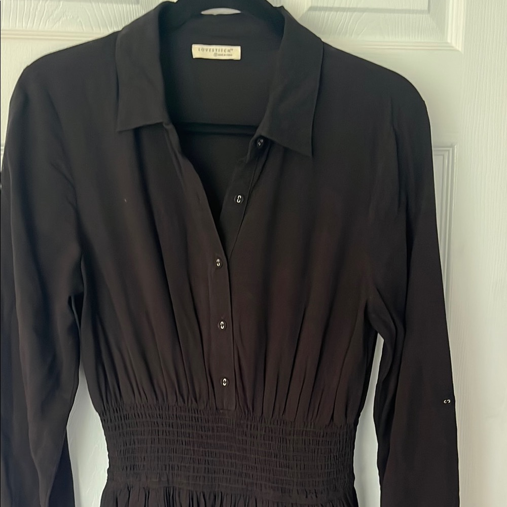 Lovestitch long sleeve black collared elastic waist midi dress size small